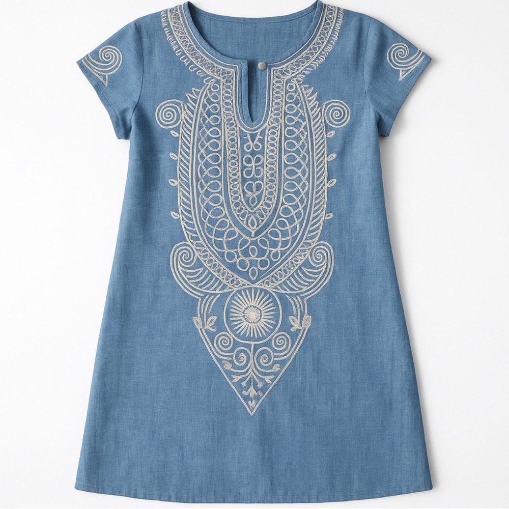 P Luka Milano Embroidered Linen Blend Dress Size M L Embossed Boho Short - Picture 2 of 8